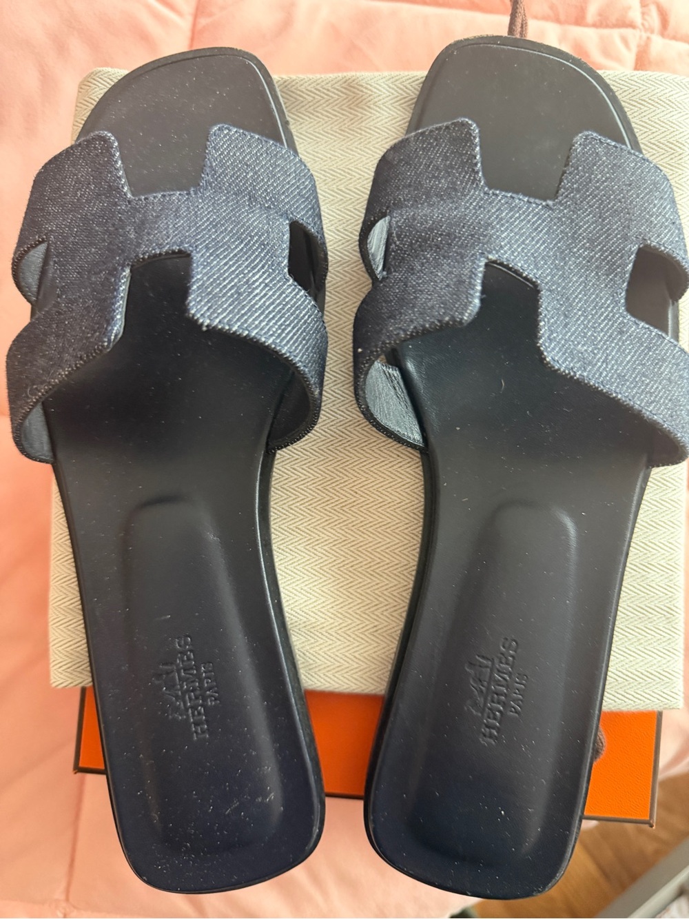 Hermes Denim Oran Slide Sandals in Black